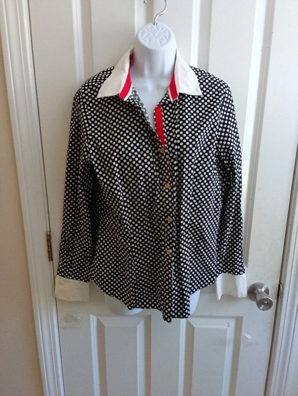 ANNE KLEIN Black Polka Dot Blouse with Red Trim SIZE 14 - Picture 5 of 7